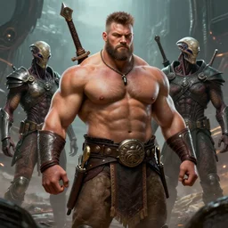 a shirtless beefcake warrior in an alien war zone. art by denys tsiperko and wes hempel and boris vallejo. detailed, hyperrealism, machismo, 8 k resolution