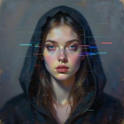 portrait of a hooded beautiful women, mysterious, glitch effects over the eyes, shadows, by Guy Denning, by Johannes Itten, by Russ Mills, glitch art, hacking effects, chromatic, cyberpunk, color blocking, oil on canvas, concept art, abstract
