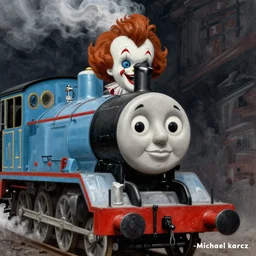 grunge drawing of Thomas the tank engine with a pennywise face by - michael karcz , in the style of corpse bride, loony toons style, horror themed, detailed, elegant, intricate
