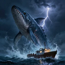 giant leviathan sea monster coming out of the water attacking a boat, artgerm, realistic, scary, night, lightning