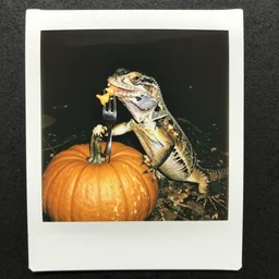 a lizard eats a pumpkin with a fork, creepy, polaroid, color