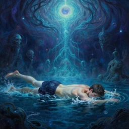 lead singer for vitas swimming in the ocean depths, cosmic horror painting, elegant intricate digital painting artstation concept art by mark brooks and brad kunkle detailed