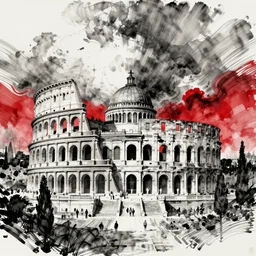 beautiful ink sketch in black, white and red, a palace in ancient rome, by ilya kuvshinov, wlop, krenz kushart, boris vallejo, ayami kojima and ayami kojima