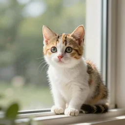 cute calico kitten looking out of the window on a [ [ [ [ beautiful ] ] ] ] ] summer day, featured on artstationg, gorgeous!!!