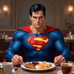 perfectly - centered - portrait of superman having a breakfast, intricate, highly detailed, digital painting, artstation, concept art, smooth, sharp focus, illustration, dramatic scene and lighting, unreal engine 5, 8 k, art by dave rapoza and sam spratt