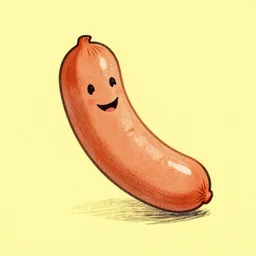 a pencil drawn sausage with smiling face, yellow background