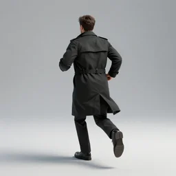 a man running away with his back to the viewer wearing a black trench coat, full body view, back view, isolated, hyper realistic, 3 d render