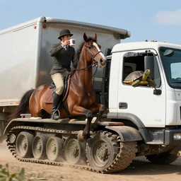 a horse riding a tank while drinking a coffe and eating a turtle while driving a truck 4 k photo realistic