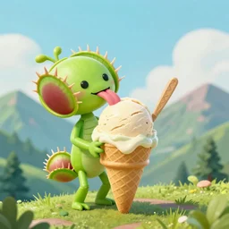 A cute venus fly trap licking a 3 scoop ice cream cone on a mountain
