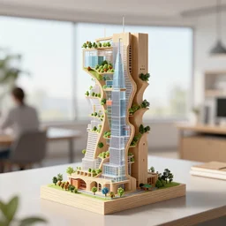 3 d printed physical model organic flowy including more than one city into one vertical building model that sits on a table in a room with a view back, multiple stories, transparent, with vegetation, colorful, wooden material, section cut, eye - level view, 8 0 k, octane render, highly detailed 3 d render,