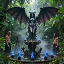 a nephilim succubus worshipping a satanic altar atop a fountain in a lush dense verdant garden by tim doyle and victo ngai and dan mumford and gil elvgren, bat wings, mist, hyperrealism, volumetric lighting, god rays, highly detailed, sfumato, blue flame flowers, overgrown