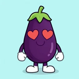 an aubergine cartoon character is smiling with heart eyes
