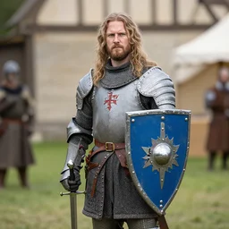 bjorn of backwater - honorable knight of francia, standing with his blue shield at the ready and a short sword in his hand, real life, renaissance fair