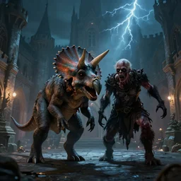 digital illustration of a couple zombie triceratops on a medieval palace courtyard at night, menacing, scary, powerful, high quality, epic, dnd, fantasy art, artstation, dramatic lightning