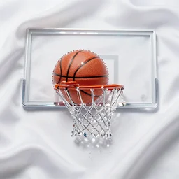 a basketball ring and basketball backboard is submerging into a background basketball made of crystal, silk white fabric : : highly detailed, highlights, realistic mirrored refective surfaces, octane render, photo real, detail in 8 k render, highly detailed, cinematic, mood lighting, unreal engine, — volumetric lighting, uplight