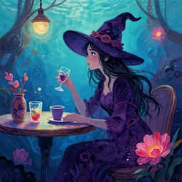 witch in an underwater cafe. complementary colors, gouache, indie concept art, bloom, chiaroscuro, backlighting, intricate details.