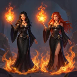 Who : a sorceress with black clothed casting a fire ball; Physical : Ella Knox & Beverly Paige exact same body ; IMPORTANT : Hearthstone official splash art, award winning, trending on Hearthstone