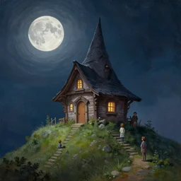 small witchy cottage on a tall hill. moon, hyper realistic painting by chiara bautista karl kopinski kim jung giu and weta studio, and lucasfilm and jesper ejsing and norman rockwell greg rutkowski frank frazzeta