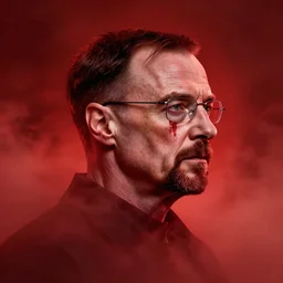 walter white's head coming out of a red mist, blood on face, epic, trending on artstation, profile pic, centered, accurate anatomy, highly detailed, digital art,