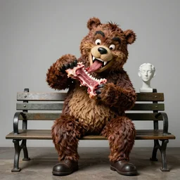 beautiful studio photograph of a surrealist assemblage of fozzie bear tearing up a piece of meat with his sharp white teeth on a park bench, sculpted by ron mueck and matthew barney and rene magritte, hysterical realism intense cinematic lighting shocking detail 8 k