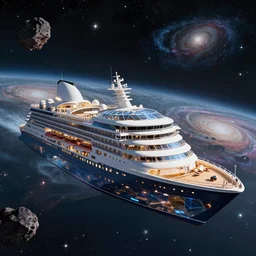 a giant luxury cruiseliner spaceship, shaped like a yacht, with a glass hull and ceiling and see - through exterior, hull is a opera house, aeria view of opera house on spaceship, floating in outer space, galaxies and stars in background, asteroid belt in distance, well lit, 8 k, futuristic, high detail, vibrant colors, digital art