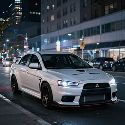 Mitsubishi Lancer Evo in downtown New York City at night, highly detailed, 4k photo, DSLR,
