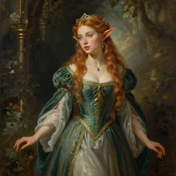 an oil painting of a gorgeous medieval european elf princess, fairy tale, dreamy light, by wlop, greg rutkowski, thomas kinkade, super detailed, 3 d, hdr on, 4 k wallpaper