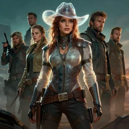 masterpiece concept art, a beautiful highly detailed sci - fi western lady in translucent hat, confident pose, cinematic moody colors, realistic shaded lighting poster by ilya kuvshinov, magali villeneuve, artgerm, jeremy lipkin and michael garmash and rob rey,