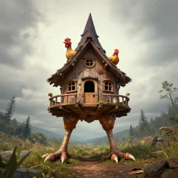 a witch hut standing over giant legs of chicken, greg rutkowski, zabrocki, karlkka, jayison devadas, trending on artstation, 8 k, ultra wide angle, zenith view, pincushion lens effect