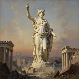 a detailed painting of a colossal statue of the goddess Athena towers above a ruined roman city, after a battle, smoking rubble, at dusk
