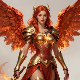red haired female paladin with wings, fiery justice, fine art, 8 k, artstation, by karol bak