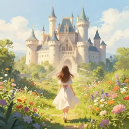 a girl in front of stempunk castles, beautiful flowers in garden, fairy tale, greg rutkowski, thomas kinkate,. artstation, morning, summer.