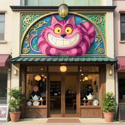 art nouveau teahouse facade with a cheshire cat motif miyazaki style
