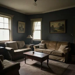 the living room of an old lived in house, dark walls with framed art, old furniture, small windows, light shining through, highly detailed, photorealistic, dust