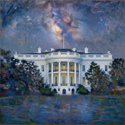 a Monet painting of The White House floating above The Milky Way