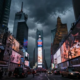 dark photo of an destroyed times square after a nuclear attack, thunderstorm, gloomy, colorful, desolate