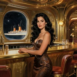 beautiful woman with long wavy curly black hair, wearing a cocktail dress. she is in the bar of the atlantis paradise, a retro futuristic spaceship made of brass bronze gold, art deco influence, hotel style design. bioshock, starship titanic. outside the window space and stars can be seen. clean, well composed painting by artgerm and greg rutkowski.