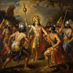 a beautiful dramatic scene from mahabharata war, baroque painting, oil on canvas, trending on artstation, masterpiece, grainy, cinematic composition, beautiful lighting, intricate, hyper details, no frames