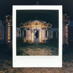 evil funhouse at an abandoned carnival, polaroid