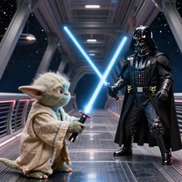yoda holding a light saber fighting battling darth vader. yoda duelling darth vader on the bridge of the starship enterprise.