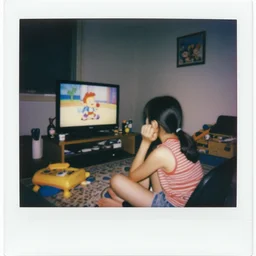 90's Polaroid Color Photography, Nikon, A girl watching cartoon in her room at night, Summer
