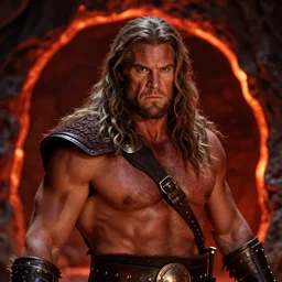 closeup Photo of Conan the Barbarian in a lava dungeon, rim lighting, octane, Natasha Tan, Maciej Kuciara, Edgar Rice Burroughs,
