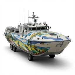 mosaic amphibious vehicle, professional product shot, isolated on a pure white background, centered, entire object in frame, sharp focus, soft studio lighting
