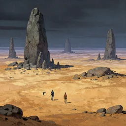 flat wastelands, giant isolated rock spikes, greg rutkowski, brom, james gurney, mignola, craig mullins, alan lee