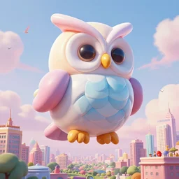 elaborate, giant, massive, detailed, 3 d, pastel, blowup balloon owl with eyes and mouth, twisting geometry, floating in a 3 d painted, pastel sky with clouds and birds, cinematic, 3 d designed city, 4 k by'eva cremers'and'lesley barnes'and'jordan coelho'and wes anderson and james jean