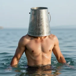 Extremely buff man with a steel bucket instead of a head, emerging from the water