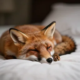 a photograph of a fox lying in bed sleeping, soft focus, studio lighting