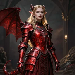 Gothic elf princess in red dragon armor by Konstantin Razumov, a square crop from bottom part of the full body shot
