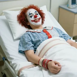 confused laughing clown lying in hospital bed with wrist restraints on, restraint fabric straps attached to hospital bed, photograph, 8 k