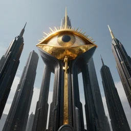 deep-onyx colored monolith megastructure with golden all-seeing eye of providence centered looking down from sky, Wadim Kashin, Simon Stalenhag, dystopian, featured in artstation, octane render, cinematic, elegant, intricate, 8k